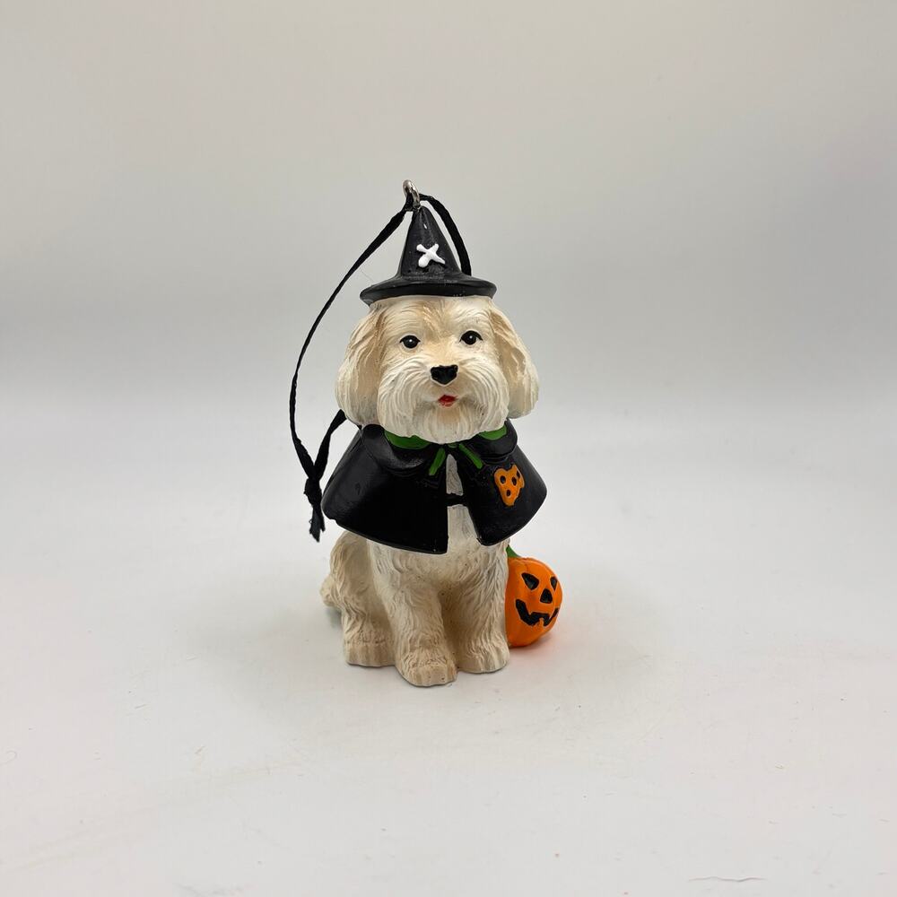 Cracker Barrel Halloween Witch White Puppy Dog Ornament Figurine Doodle Bichon